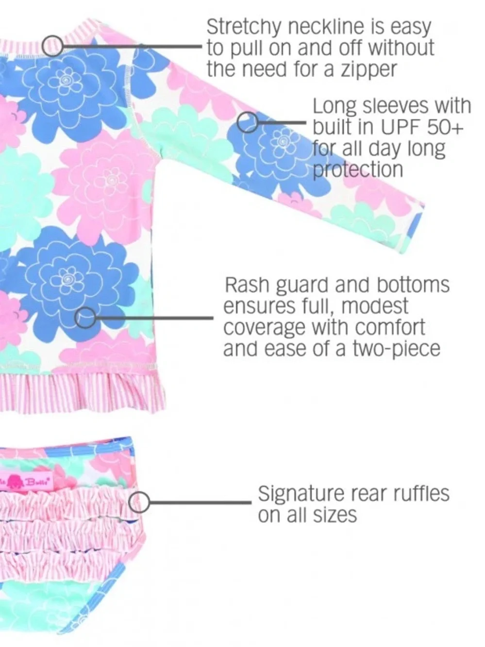 Ruffle Butts Girls Rash Guar 8T White Pink Blue Lavender Floral Long Sleeve Set